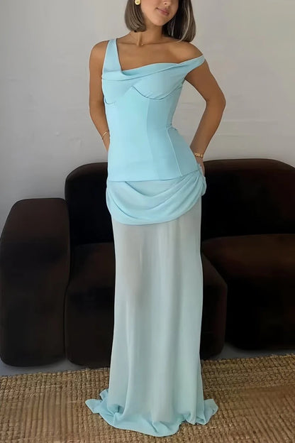 Sky Blue One Shoulder Sheath Chiffon Pleated Long Formal Mermaid Prom Dress