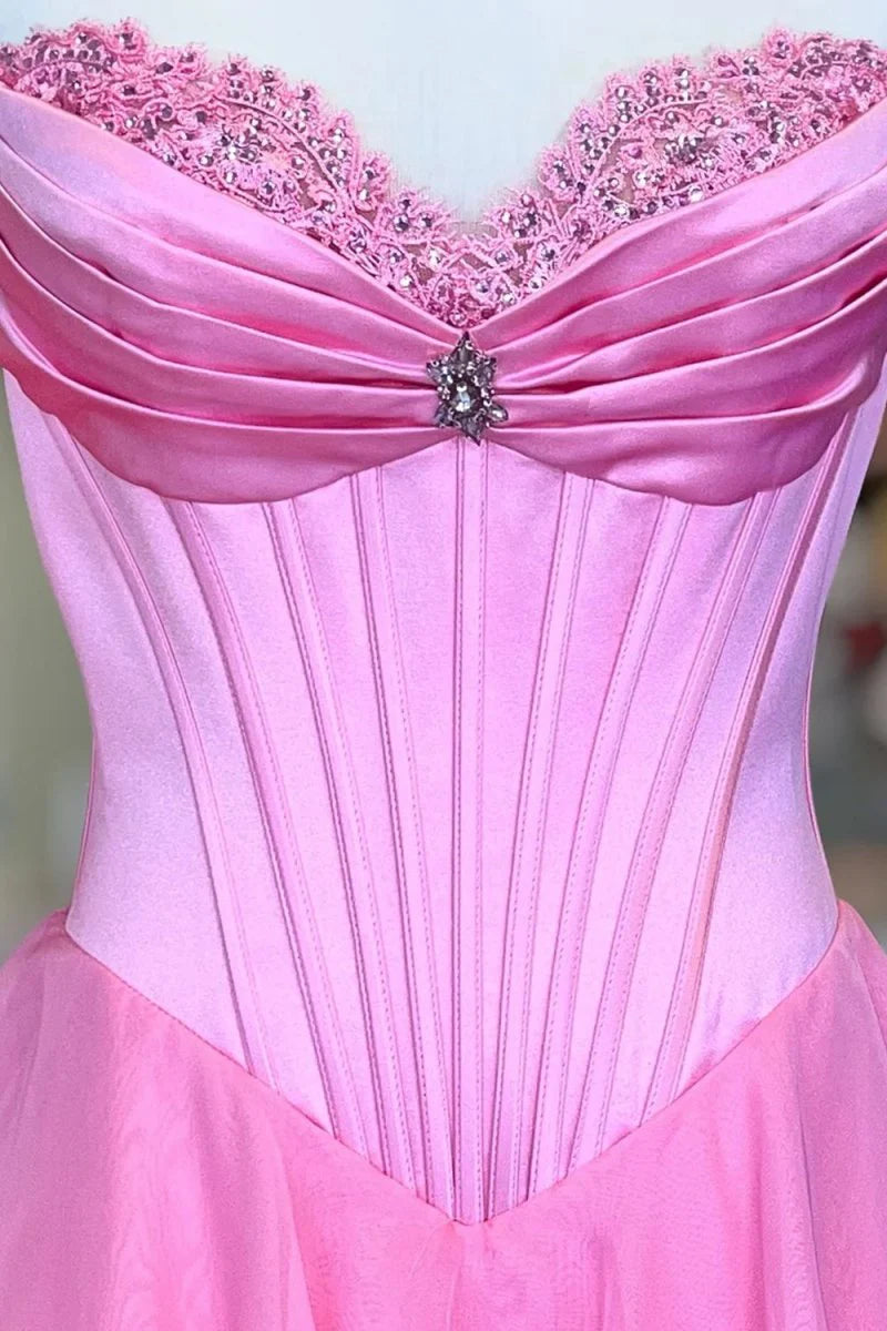 Pink Sweetheart Chiffon Ruffled With Beading Long Formal A Line Prom Dress