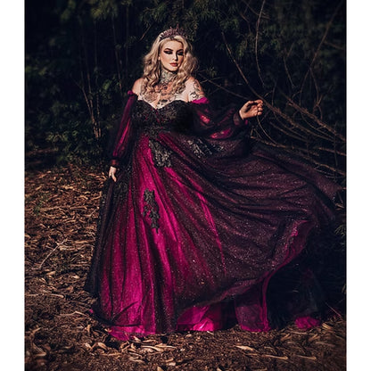 Sexy Sweetheart Neck Off the Shoulder Long Sleeve Open Back Lace  Appliques Tulle Rose Red A Line Gothic Black Wedding Dress