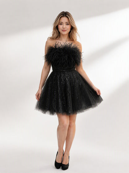 Black A-Line Fur Short Homecoming Dress with Sequin Customized