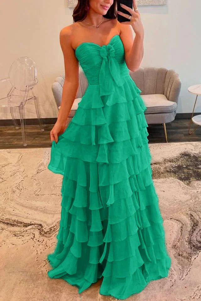 Slit Fuchsia Sweetheart Tiered Ruffles Chiffon A Line Prom Dress