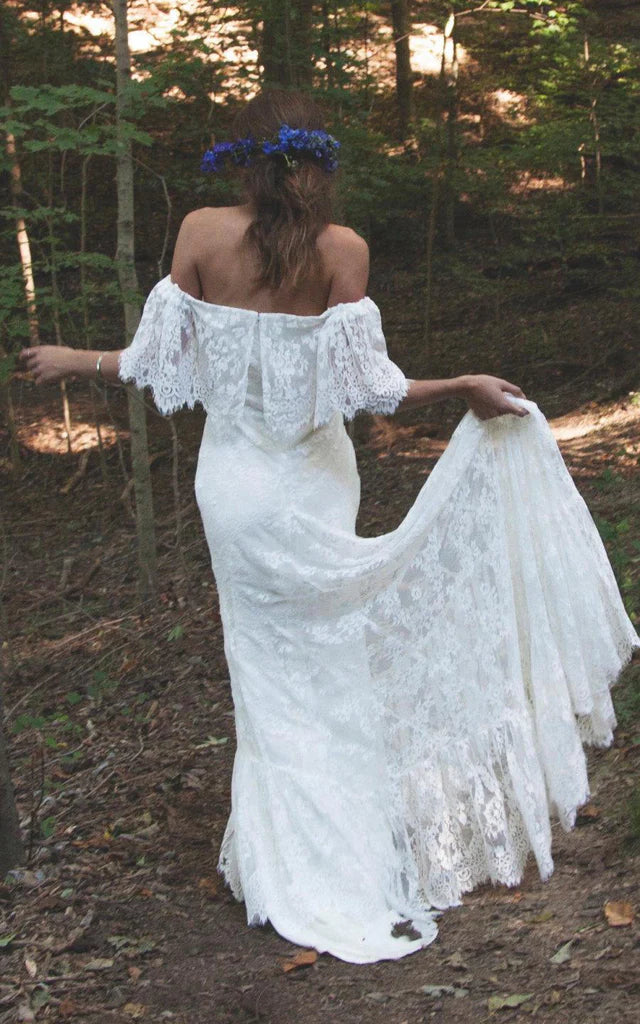 Boho Off Shoulder Sheath Scalloped Lace Mermaid Wedding Dress Custom Made Customized