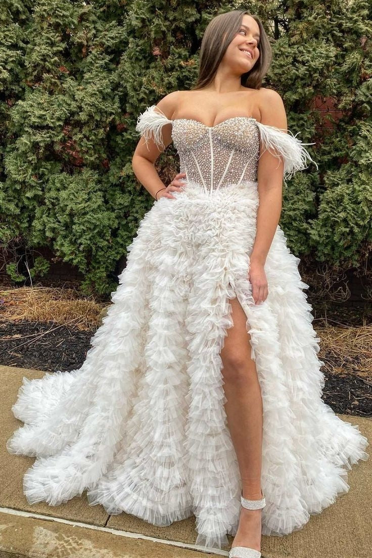Roycebridal Astrid |A Line Off the Shoulder Tiered Tulle Prom Dress With Slit