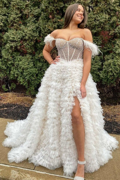 Roycebridal Astrid |A Line Off the Shoulder Tiered Tulle Prom Dress With Slit