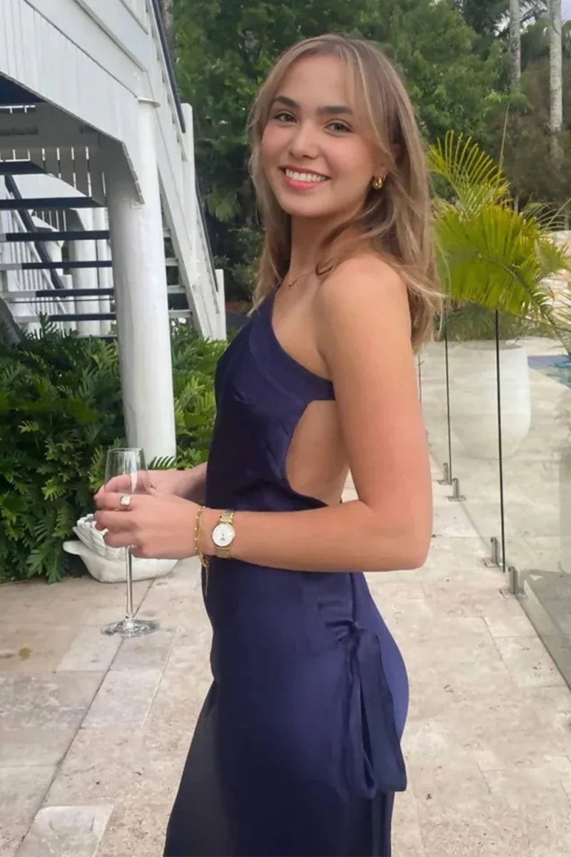 Navy Blue One Shoulder Sheath Satin Backless Long Mermaid Prom Dress