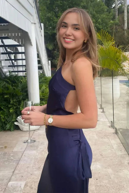 Navy Blue One Shoulder Sheath Satin Backless Long Mermaid Prom Dress