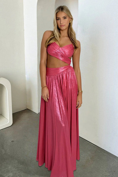 Hot Pink V Neck Metallic With Cut Out Satin Long A Line Prom Dress