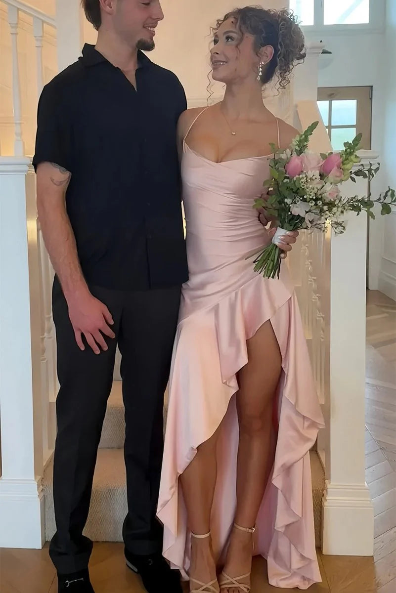 Blaues Neckholder-Abschlussballkleid mit Plissee und Ausschnitten aus Satin in A-Linie