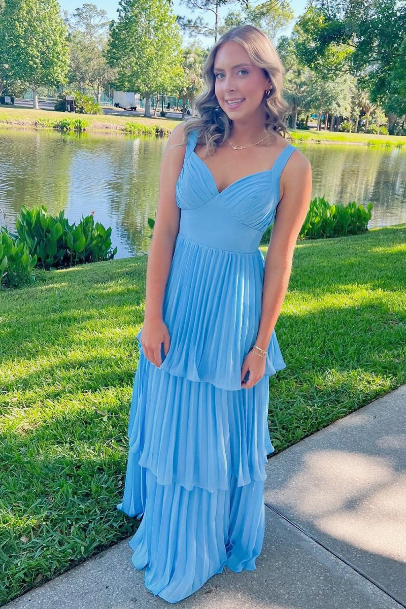Blue Sweetheart With Ruffles Chiffon Pleated Long A Line Prom Dress