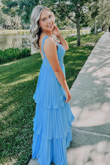 Blue Sweetheart With Ruffles Chiffon Pleated Long A Line Prom Dress
