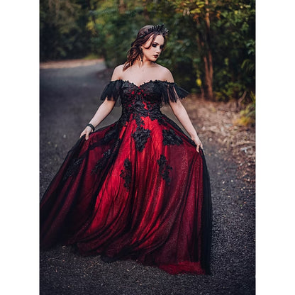 Sexy Sweetheart Neck Off the Shoulder Open Back Lace Tulle Red A Line Gothic Black Wedding Dress