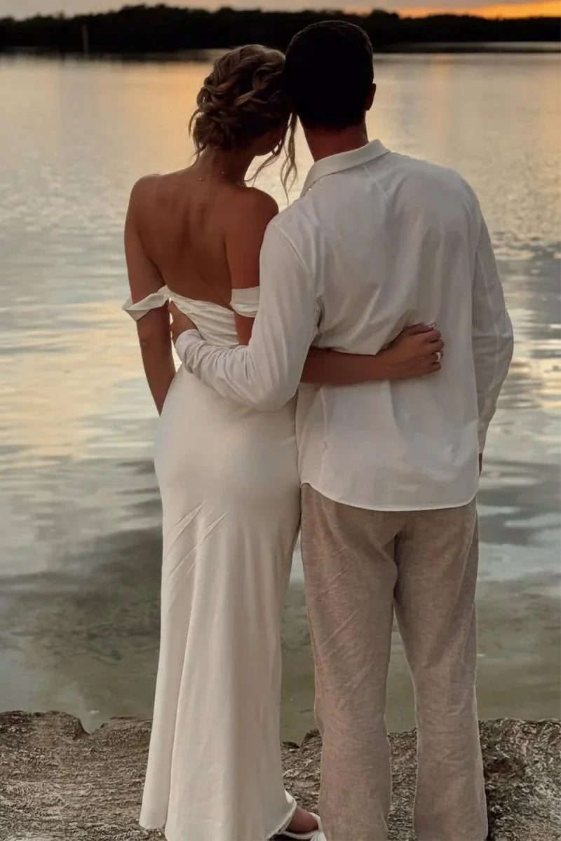 White Off The Shoulder Sheath Satin Long Mermaid Prom Dress