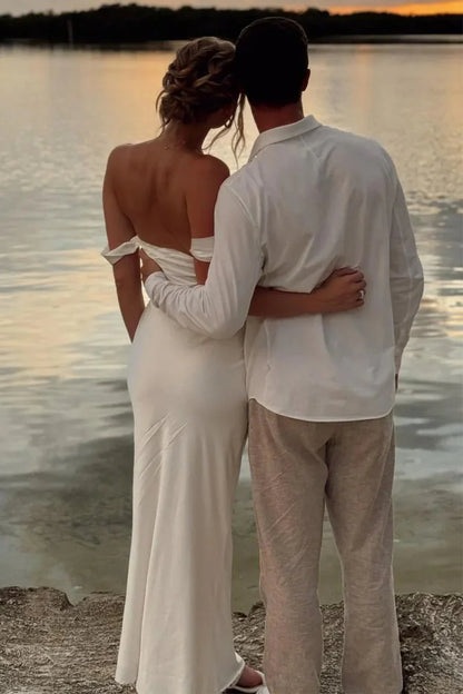 White Off The Shoulder Sheath Satin Long Mermaid Prom Dress