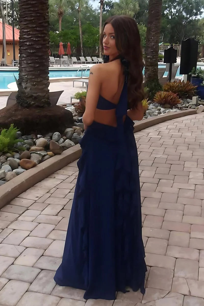 Pink Halter Chiffon Ruffled Cut Out Long A Line Prom Dress