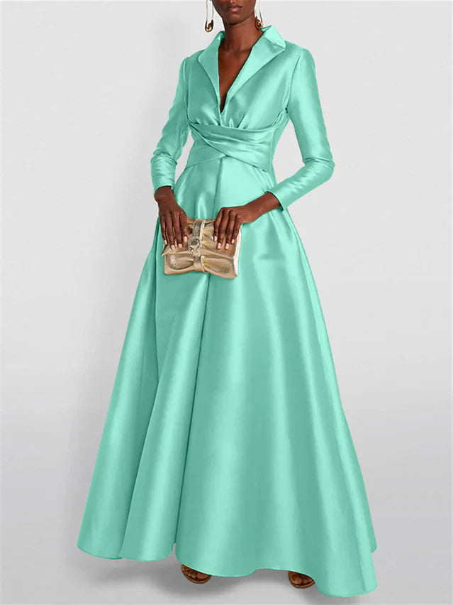 Long Sleeves V Neck Floor-length A Line Evening Dress