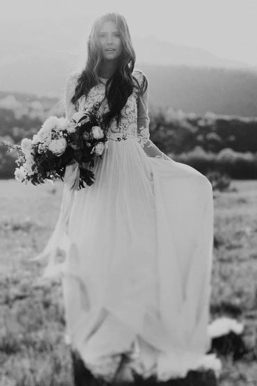 Ivory Boho Floral Long Sleeve Chiffon A-Line Wedding Dress Custom Made