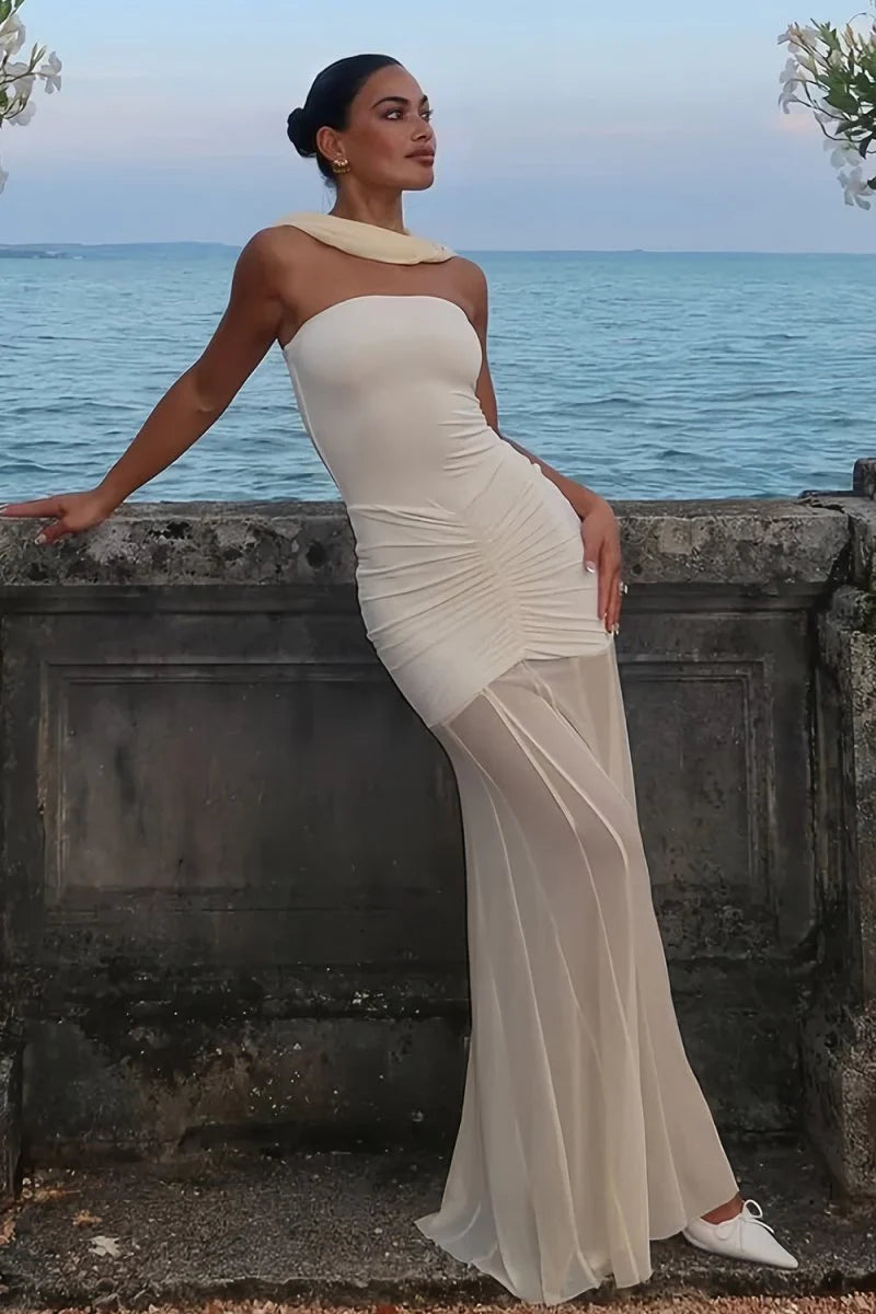 Robe de bal longue sirène en tulle froncé à épaules dénudées ivoire