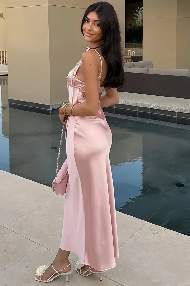 Pink Sheath Spaghetti Straps With Keyhole Satin Long Mermaid Prom Dress
