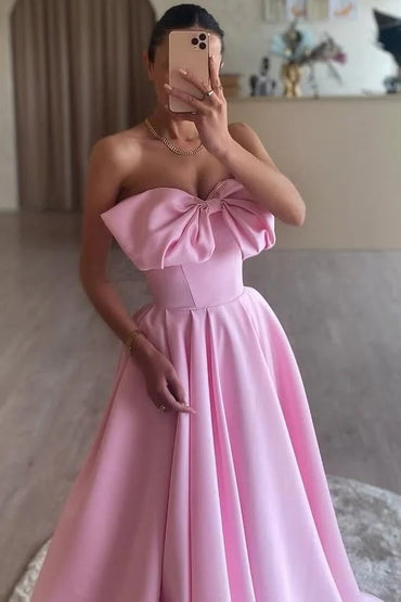 Pink Strapless Bow Satin Pleated Long Formal A Line Prom Dress