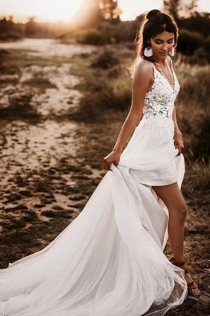 Ivory Boho Lace V Neck Spaghetti A-Line Wedding Dress Custom Made Customized