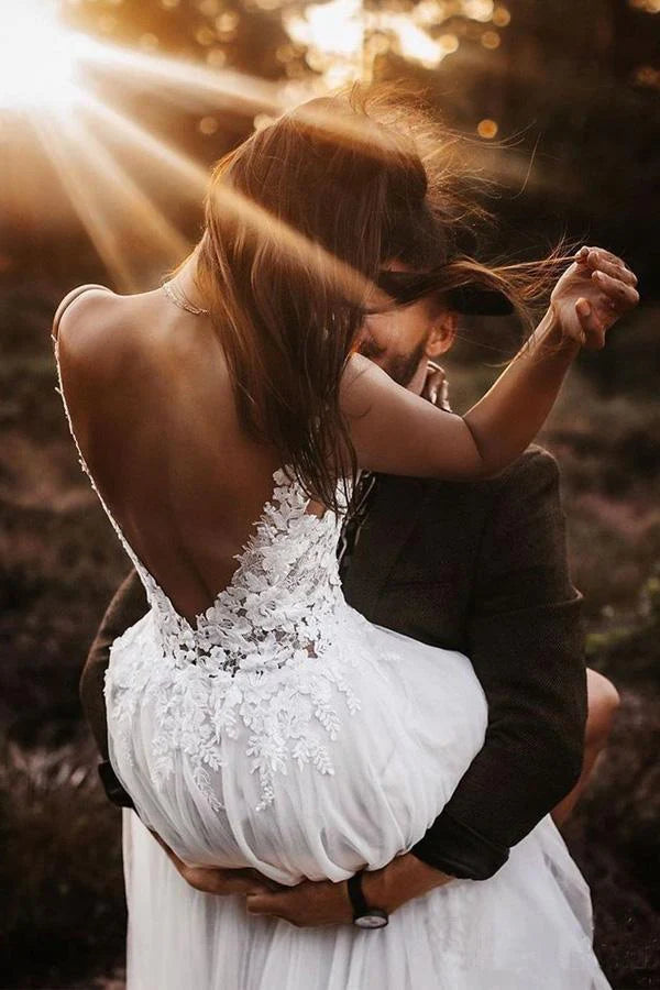 Ivory Boho Lace V Neck Spaghetti A-Line Wedding Dress Custom Made Customized