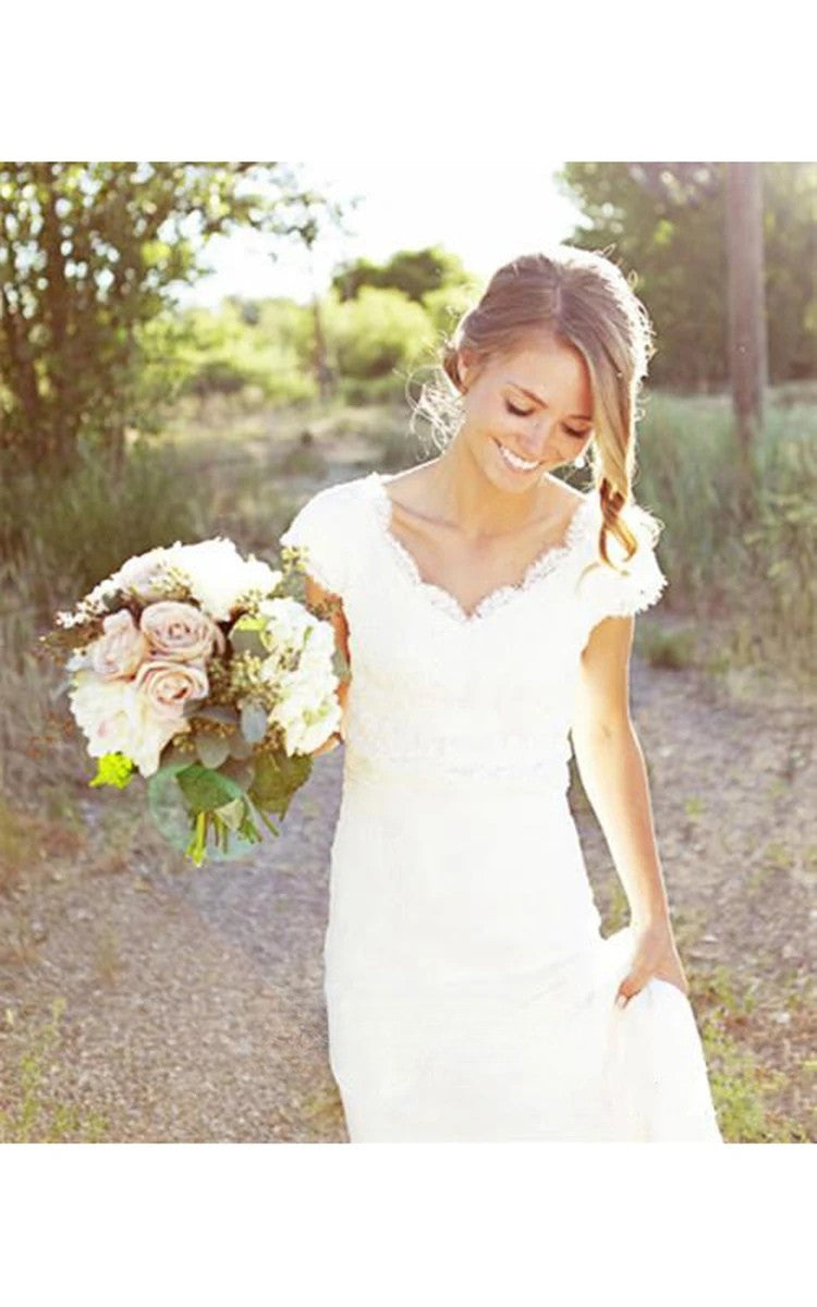 Country V Neck Short Cap Sleeve Lace Bodice Chiffon Mermaid Wedding Dress Custom Made Customized