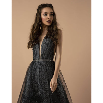 Sparkling Silver Sequin Embroidery and Plunging Neckline Tulle Gothic Black Wedding Dress