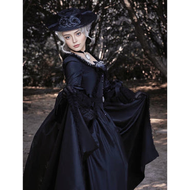 Victorian Ball Gown with Belted Elegance A Line Gothic Black Wedding Dress