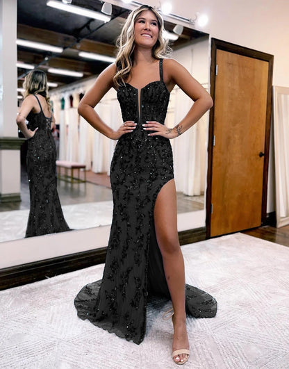 Roycebridal Sparkly Blue Sheath Sequins Long Prom Dress with Slit