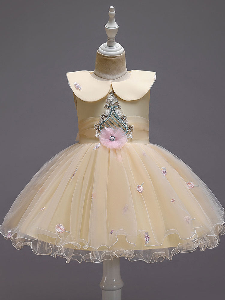 Blue Jewel Neck Sleeveless Bows Tulle Polyester Cotton Flowers Kids Social Party Dresses-showprettydress