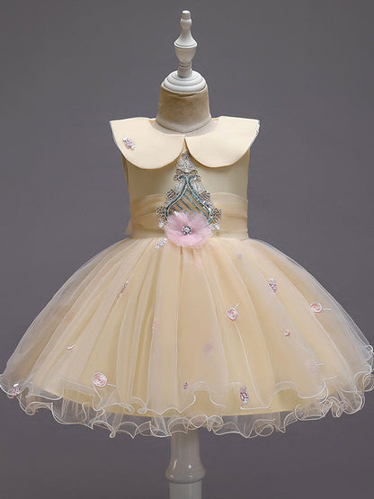 Blue Jewel Neck Sleeveless Bows Tulle Polyester Cotton Flowers Kids Social Party Dresses-showprettydress