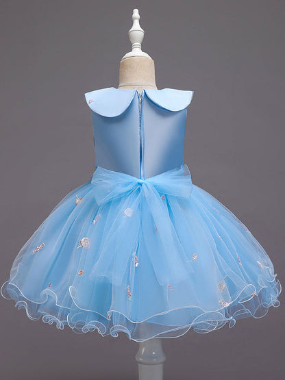 Blue Jewel Neck Sleeveless Bows Tulle Polyester Cotton Flowers Kids Social Party Dresses-showprettydress