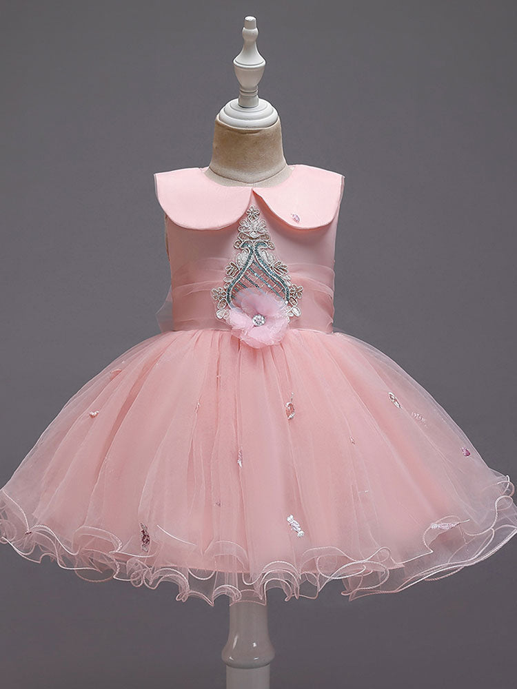 Blue Jewel Neck Sleeveless Bows Tulle Polyester Cotton Flowers Kids Social Party Dresses-showprettydress