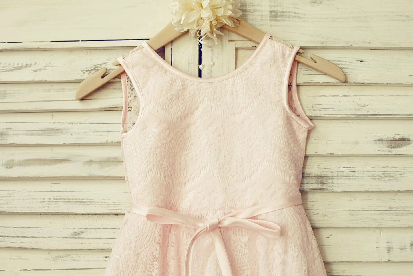 Blush Pink Lace V Back Flower Girl Dress with Thin Sash