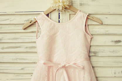 Blush Pink Lace V Back Flower Girl Dress with Thin Sash