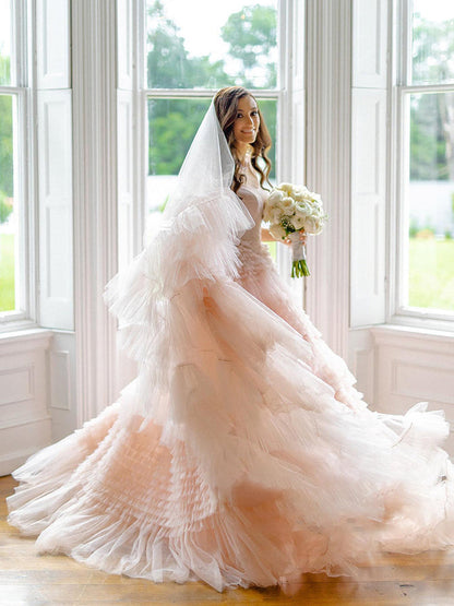 Roycebridal Blush Pink Pleated Cathedral Veils with Blusher
