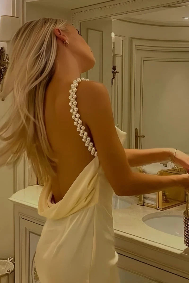 Yellow Sheath Spaghetti Straps Pearls Satin Long Mermaid Prom Dress