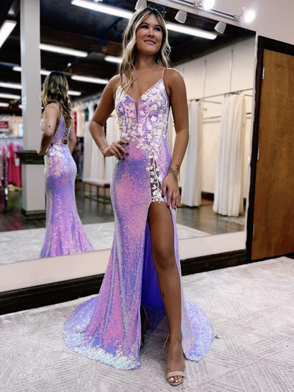 Roycebridal Purple Glitter Floral Long Prom Dress with Slit