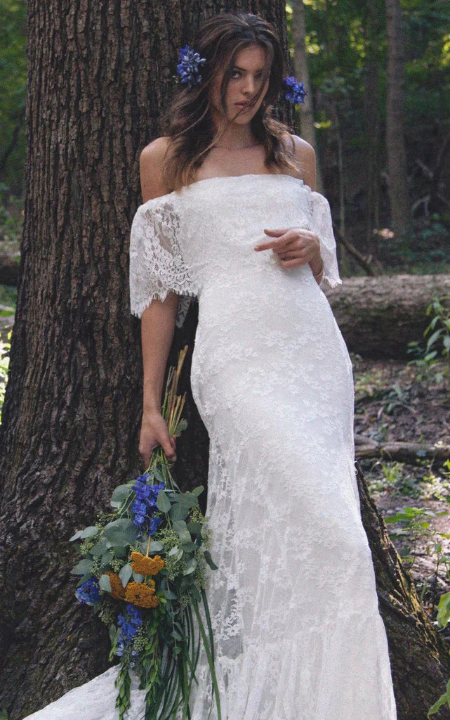 Boho Off Shoulder Sheath Scalloped Lace Mermaid Wedding Dress Custom Made Customized
