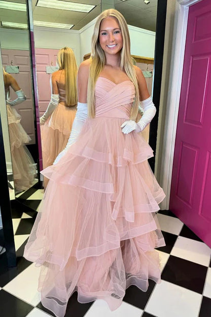 Blush Pink Strapless Ruffle Tiered Tulle Long A Line Prom Dresses