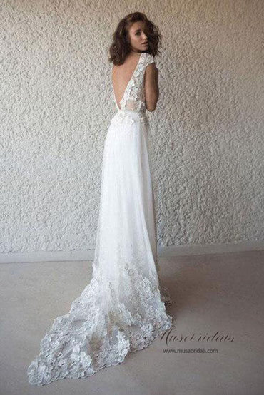 Ivory See-through Cap Sleeves Boho Wedding Dresses, Beach Wedding Dress, MW518 | lace wedding dress | beach wedding dresses | bridal gowns | bridal dresses | ivory wedding dresses | www.musebridals.com