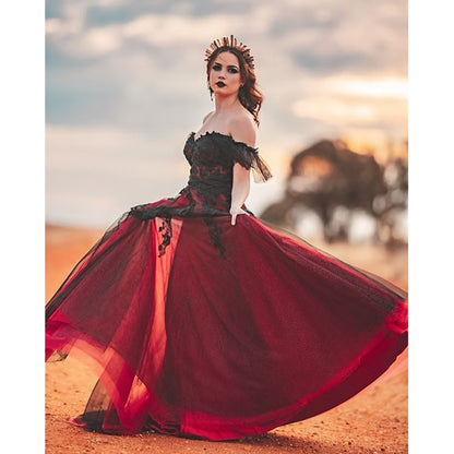 Sexy Sweetheart Neck Off the Shoulder Open Back Lace Tulle Red A Line Gothic Black Wedding Dress