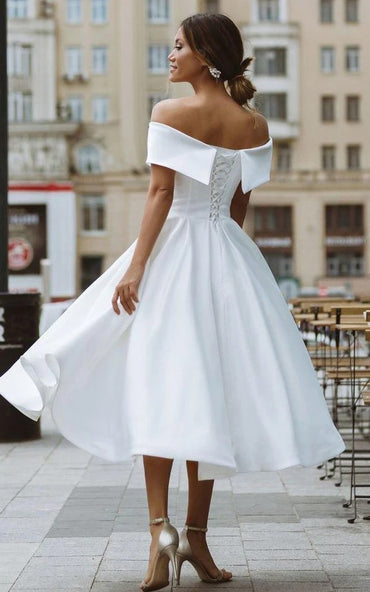 Ivory 1950s Vintage Tea-length Off-the-Shoulder Satin A-Line Wedding Dress Custom Made