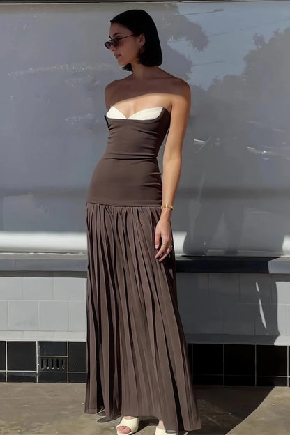 Brown Strapless Sheath Chiffon Pleated Long A Line Prom Dress