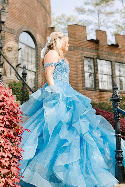 Roycebridal Blue Off the Shoulder Ruffle Tiered Tulle Long Prom Dresses with Appliques