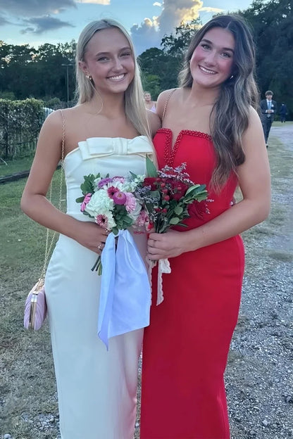 Yellow Strapless Sheath Bow Satin Long Formal Mermaid Prom Dress