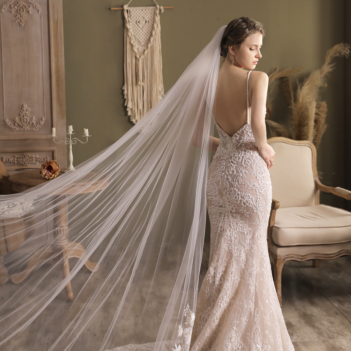 Cathedral Length Bridal Veil Lace Appliqued-Accessories-Viniodress-Ivory-Viniodress