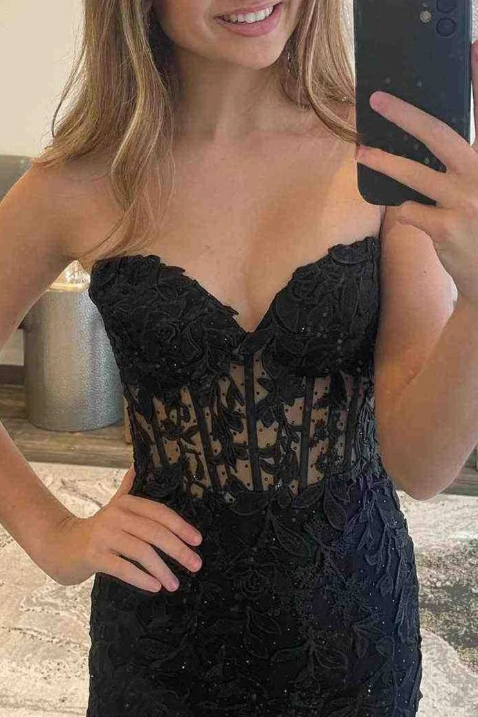 Slit Strapless Corset Lace Mermaid Prom Dress