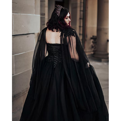 Sexy Sweetheart Neck Watteau Train Lace Appliques Tulle A Line Gothic Black Wedding Dress