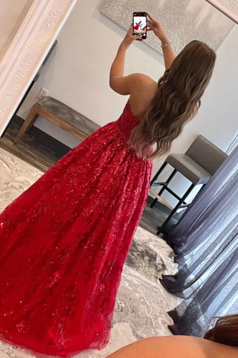 Sequined Lace with Pockets Long A Line Prom Dress